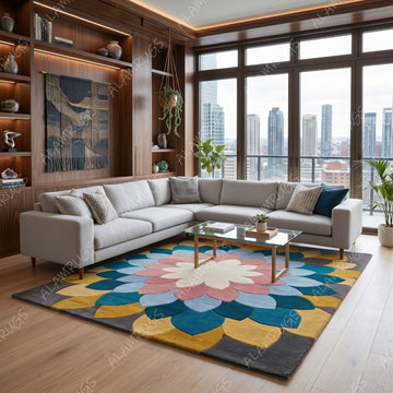 Contemporary Oversized Lotus Mandala Statement Rug