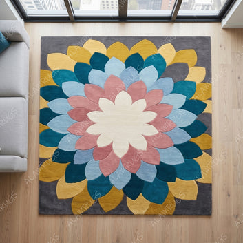 Contemporary Oversized Lotus Mandala Statement Rug