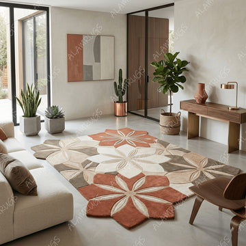 Contemporary Terracotta Geometric Floral Statement Rug