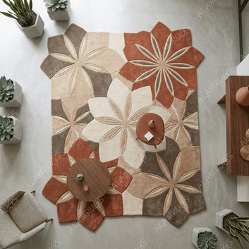 Contemporary Terracotta Geometric Floral Statement Rug