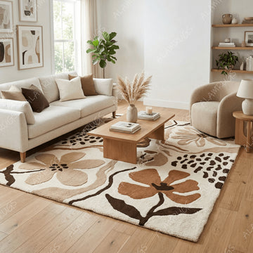 Contemporary Earth Tone Abstract Floral Statement Rug