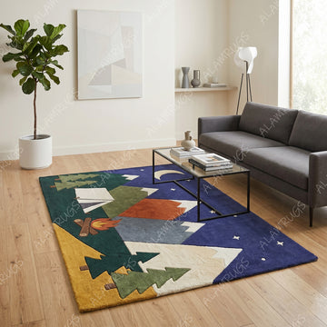 Contemporary Geometric Woodland Nightscape Statement Rug