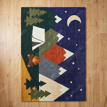 Contemporary Geometric Woodland Nightscape Statement Rug