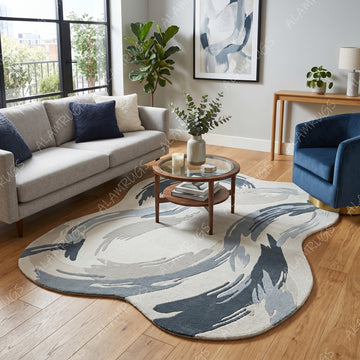 Contemporary Abstract Painterly Blue Organic Statement Rug
