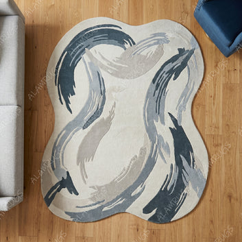 Contemporary Abstract Painterly Blue Organic Statement Rug