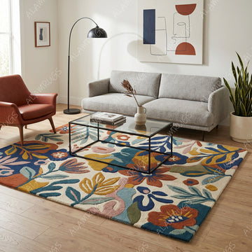 Contemporary Vibrant Abstract Botanical Floral Statement Rug