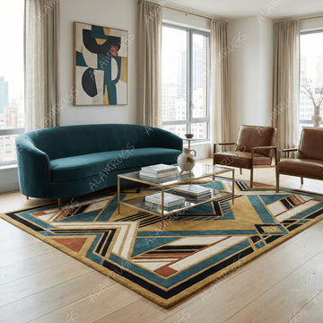 Art Deco Geometric Teal Area Rug