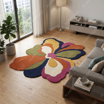 Vibrant Mid-Century Abstract Floral Organic Statement Rug
