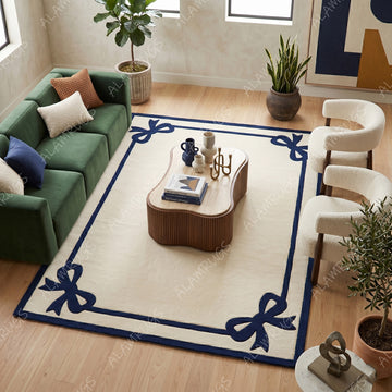 Elegant Navy Ribbon Bow Border Minimalist Rug