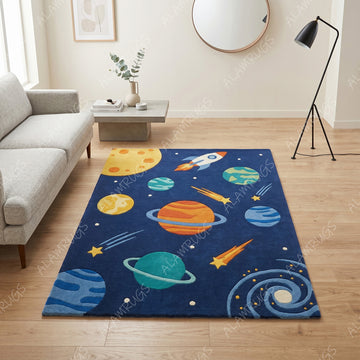 Vibrant Cosmic Solar System Playroom Statement Rug