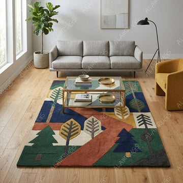 Contemporary Abstract Woodland Color Block Statement Rug
