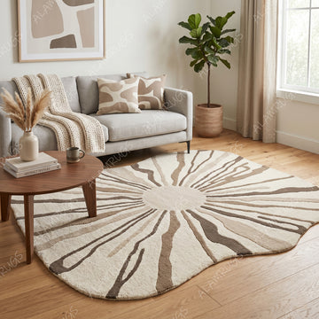 Contemporary Organic Abstract Sunburst Neutral Statement Rug