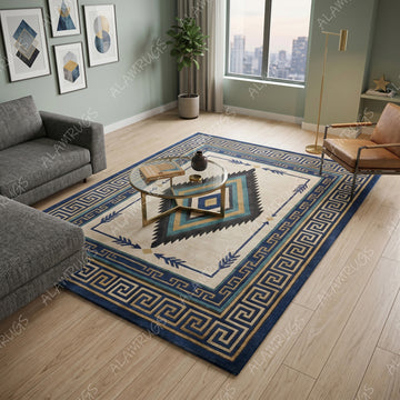 Contemporary Southwestern Geometric Greek Key Medallion Rug