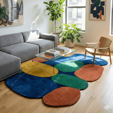 Vibrant Mid-Century Organic Pebble Statement Rug