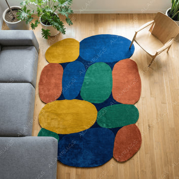 Vibrant Mid-Century Organic Pebble Statement Rug